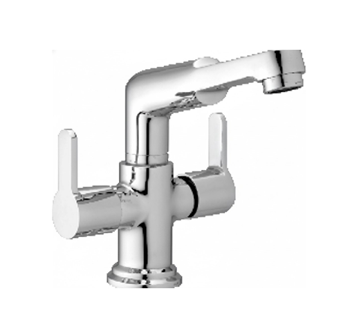 canter hole basin mixer 1 Chrome-finished dual handle basin mixer with curved spout and cylindrical body, designed for modern bathrooms and kitchens.