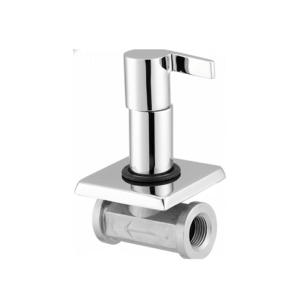 Chrome-plated brass angle cock with lever handle and wall flange, designed for controlling water flow to bathroom and kitchen fixtures.