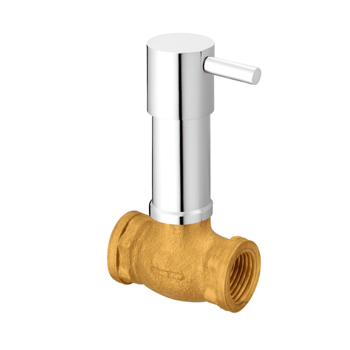 concealed stop cock Chrome-plated brass angle cock with lever handle and wall flange, designed for controlling water flow to bathroom and kitchen fixtures.