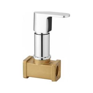 Chrome-plated brass angle cock with lever handle and wall flange, designed for controlling water flow to bathroom and kitchen fixtures.