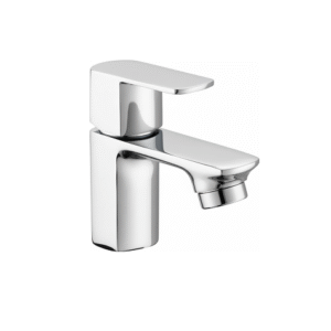 chrome basin faucet with curved spout and single lever handle, designed for smooth water flow and temperature control.