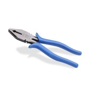 Combination pliers with blue plastic-coated handles and metal head featuring gripping jaws, cutting edge, and crimping area.