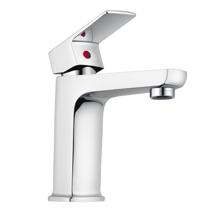 chrome basin faucet with curved spout and single lever handle, designed for smooth water flow and temperature control.