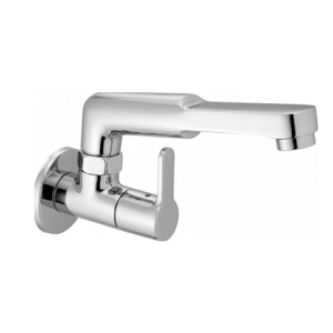 Chrome-finished single lever basin mixer with cylindrical body and extended spout, designed for modern bathrooms and kitchens.