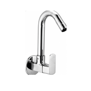Wall-mounted chrome basin mixer with single lever handle and curved swivel spout, designed for bathrooms and kitchens.