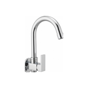 Wall-mounted chrome basin mixer with single lever handle and curved swivel spout, designed for bathrooms and kitchens.