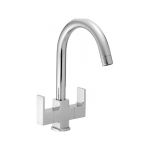 Wall-mounted chrome sink mixer with dual lever handles and high-arched swivel spout, designed for kitchens and bathrooms.