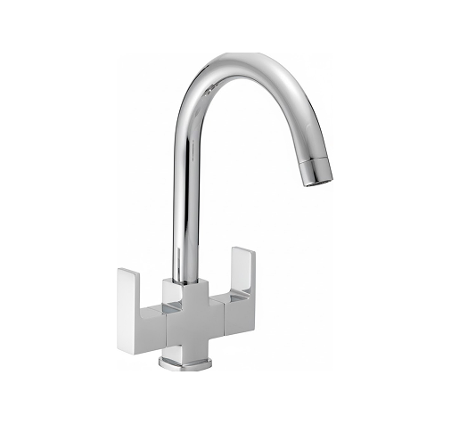 sink mixer 3 Wall-mounted chrome sink mixer with dual lever handles and high-arched swivel spout, designed for kitchens and bathrooms.