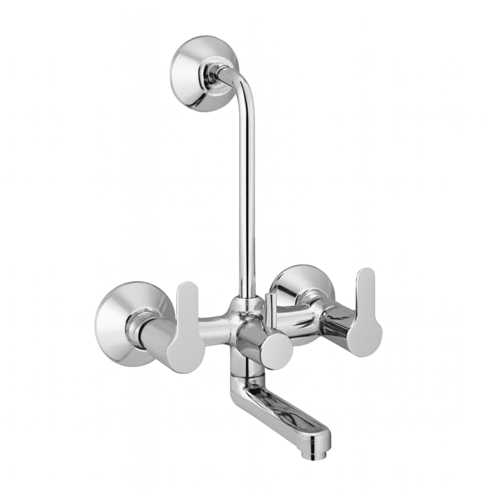 Chrome-plated wall mixer faucet with dual lever handles and overhead L bend pipe, designed for bathroom shower and basin fittings.