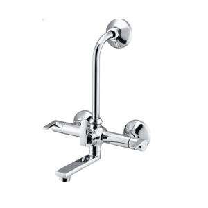Chrome-plated 3-in-1 wall mixer with dual handles, central diverter knob, and L bend pipe for overhead shower connection.
