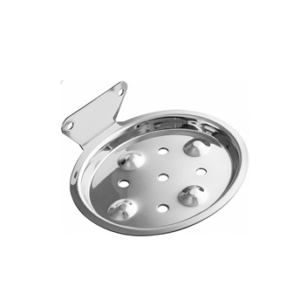 Chrome-finish single stainless-steel soap holder with drainage holes.