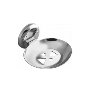 Chrome-finish single stainless-steel soap holder with drainage holes.