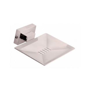 Chrome-finish single stainless-steel soap holder with drainage holes.