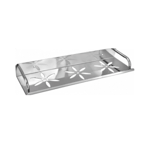 Wall-mounted stainless-steel bathroom shelf with drainage holes in chrome finish.