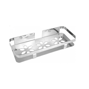 Wall-mounted stainless-steel bathroom shelf with drainage holes in chrome finish.