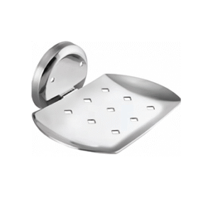 Chrome-finish single stainless-steel soap holder with drainage holes.