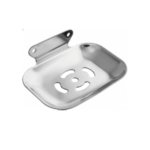 Chrome-finish single stainless-steel soap holder with drainage holes.