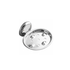 Chrome-finish single stainless-steel soap holder with drainage holes.