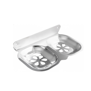 Chrome-finish double stainless-steel soap holder with drainage holes.