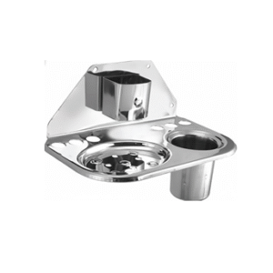 Wall-mounted chrome soap dish with toothbrush and toothpaste holder.