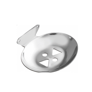 Chrome-finish single stainless-steel soap holder with drainage holes.