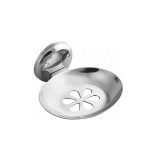 Chrome-finish single stainless-steel soap holder with drainage holes.