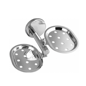 Double stainless-steel soap holder with chrome finish, dual ventilated trays and wall-mount design.