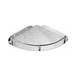 Wall-mounted stainless-steel corner bathroom shelf with chrome finish.