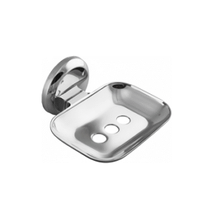 Chrome-finish single stainless-steel soap holder with drainage holes.