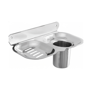 Wall-mounted chrome soap dish with toothbrush and toothpaste holder.