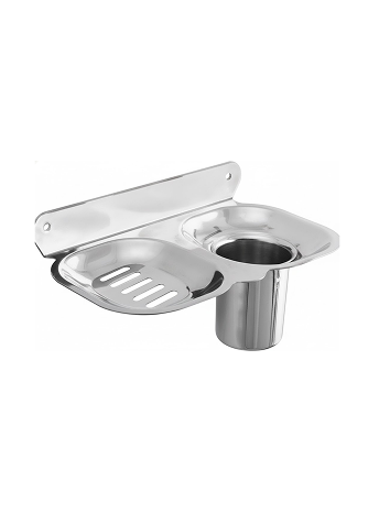 1jp-3 Wall-mounted chrome soap dish with toothbrush and toothpaste holder.