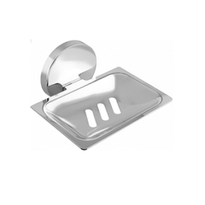 Chrome-finish single stainless-steel soap holder with drainage holes.