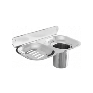 Wall-mounted chrome soap dish with toothbrush and toothpaste holder.
