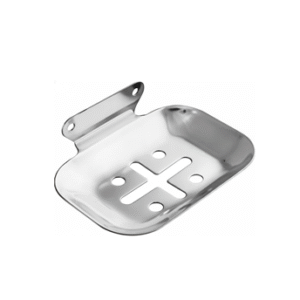 Chrome-finish single stainless-steel soap holder with drainage holes.