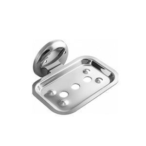 Chrome-finish single stainless-steel soap holder with drainage holes.