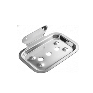 Chrome-finish single stainless-steel soap holder with drainage holes.