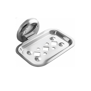 Chrome-finish single stainless-steel soap holder with drainage holes.