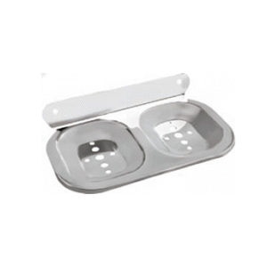 Chrome-finish double stainless-steel soap holder with drainage holes.