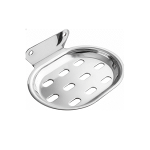 Chrome-finish single stainless-steel soap holder with drainage holes.
