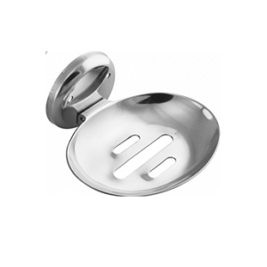 Chrome-finish single stainless-steel soap holder with drainage holes.