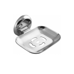 Chrome-finish single stainless-steel soap holder with drainage holes.