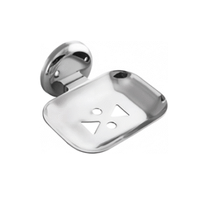 Chrome-finish single stainless-steel soap holder with drainage holes.