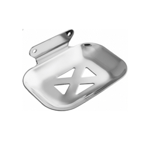 Chrome-finish single stainless-steel soap holder with drainage holes.