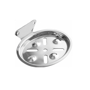 Chrome-finish single stainless-steel soap holder with drainage holes.