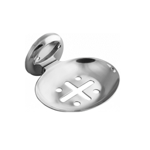 Chrome-finish single stainless-steel soap holder with drainage holes.