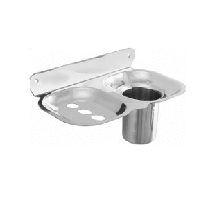 Wall-mounted chrome soap dish with toothbrush and toothpaste holder.
