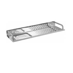 Wall-mounted stainless-steel bathroom shelf with drainage holes in chrome finish.