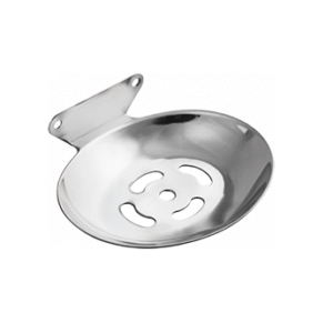 Chrome-finish single stainless-steel soap holder with drainage holes.