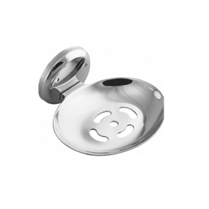 Chrome-finish single stainless-steel soap holder with drainage holes.