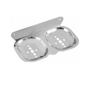 Chrome-finish double stainless-steel soap holder with drainage holes.